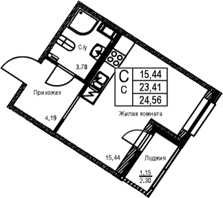 Планировка: Студия 23,4 м² в ЖК «ID Kudrovo II»