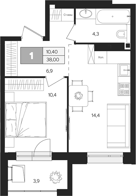 Планировка: 1-комнатная квартира 36,1 м² в ЖК «Ласточкино»