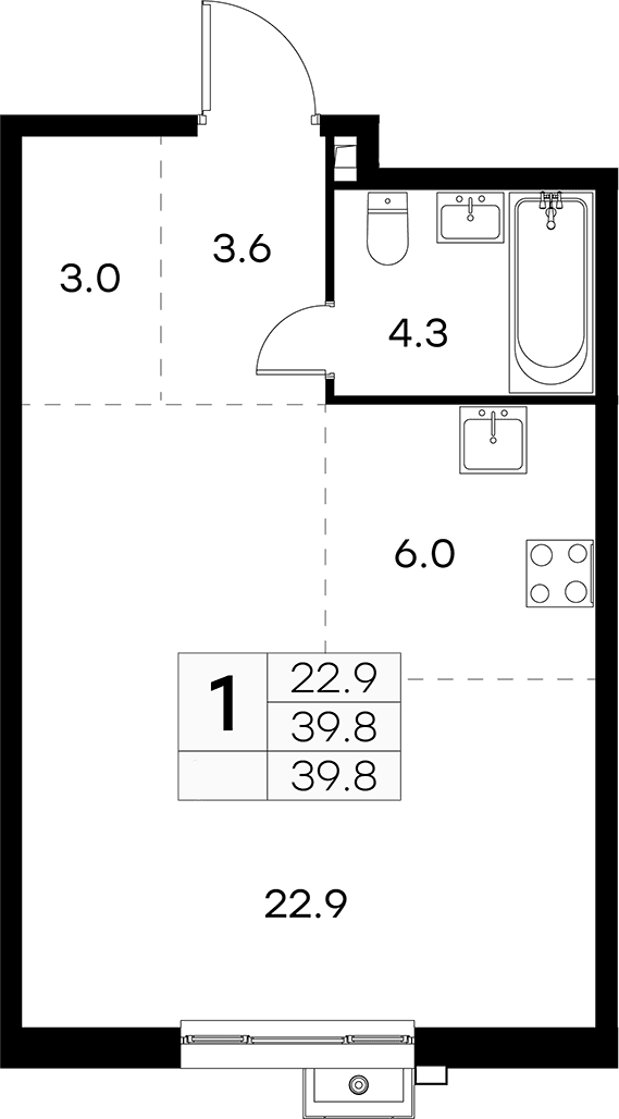 Планировка: Студия 39,8 м² в ЖК «Куркино 15»