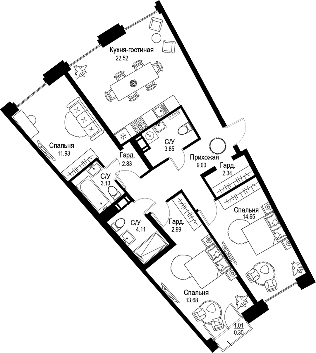 Планировка: Квартира евро-4 91 м² в ЖК «ID Petrogradskaya»