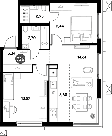 Планировка: Евротрёшка 57,9 м² в ЖК «ЭВО»