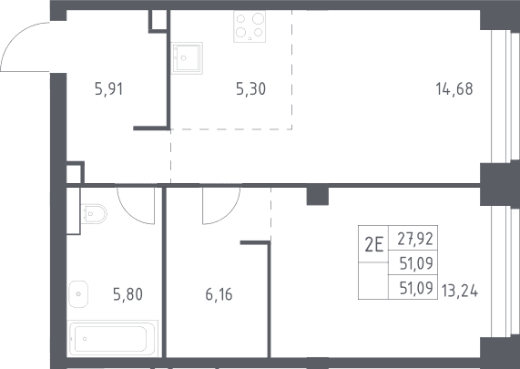 Планировка: Евродвушка 51,1 м² в ЖК «НОВА»