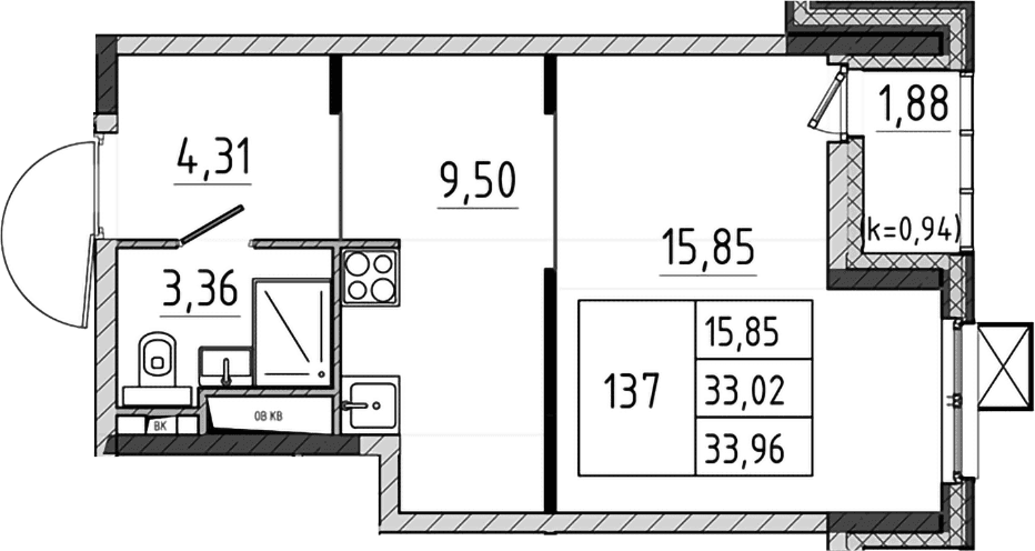 Планировка: Студия 33 м² в ЖК «Поварово-Молодежный-2»