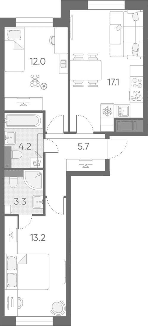 Планировка: Евротрёшка 55 м² в ЖК «Большая Охта»