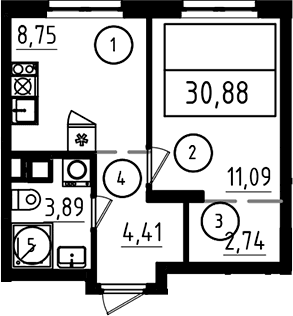 Планировка: 1-комнатная квартира 30,9 м² в ЖК «А101 Лаголово»
