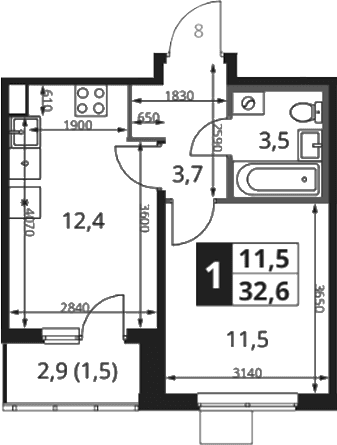 Планировка: 1-комнатная квартира 31,7 м² в ЖК «1-й Ясеневский»