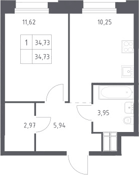 Планировка: 1-комнатная квартира 34,7 м² в ЖК «Тропарево Парк»
