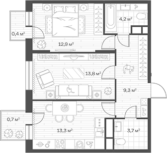 Планировка: 2-комнатная квартира 57,2 м² в ЖК «Аристов Берег»