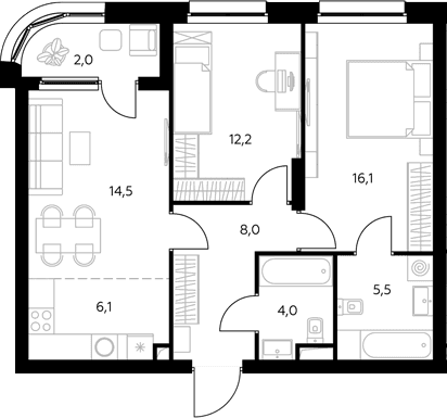 Планировка: Евротрёшка 66,6 м² в ЖК «Адмирал»
