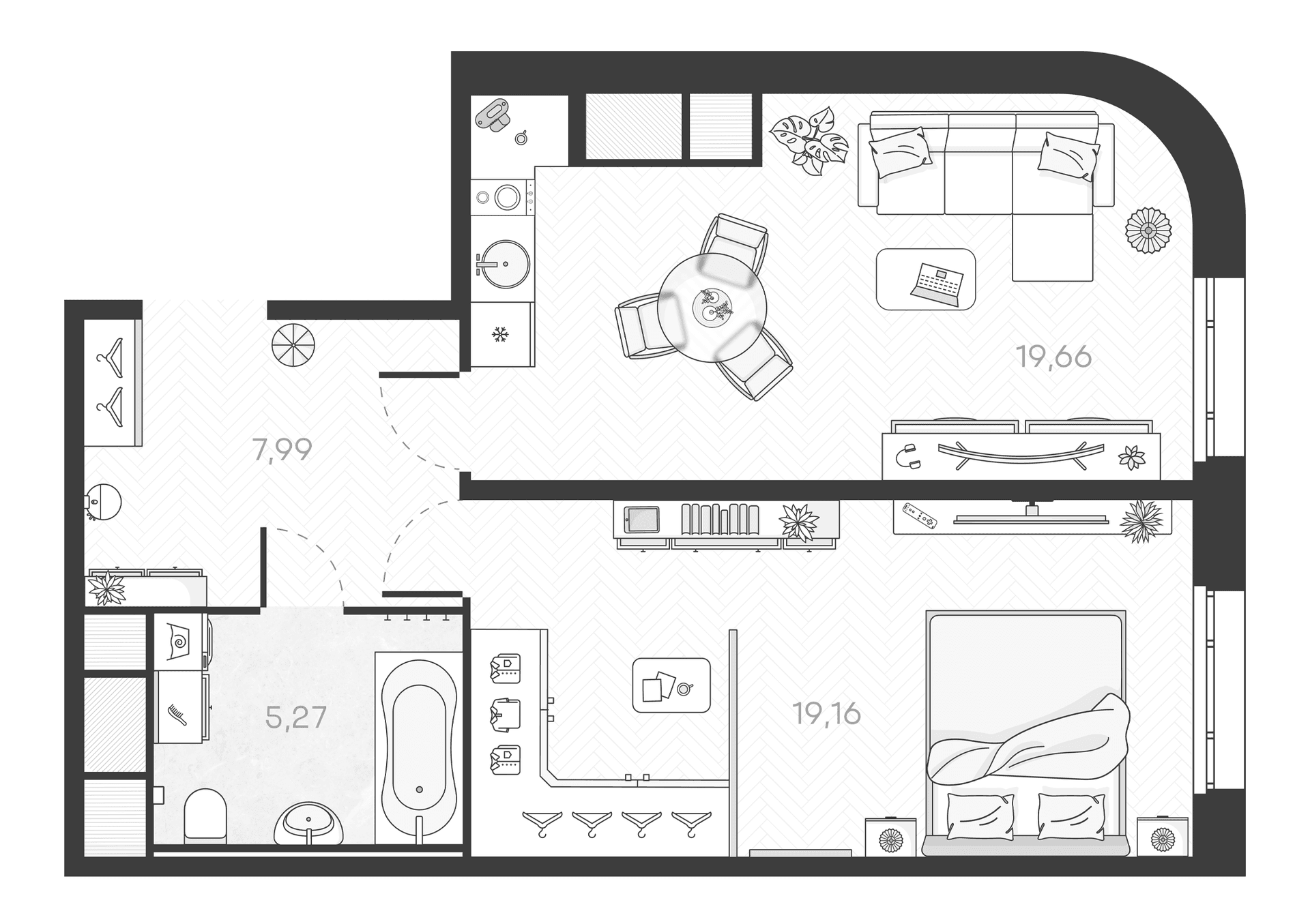 Планировка: Евродвушка 52,1 м² в ЖК «Monodom Art»