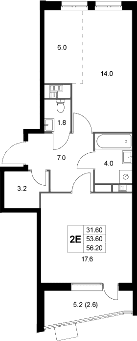Планировка: Евродвушка 53,6 м² в ЖК «Легенда Коренево»