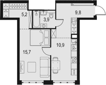 Планировка: 1-комнатная квартира 45,5 м² в ЖК «Левел Южнопортовая»