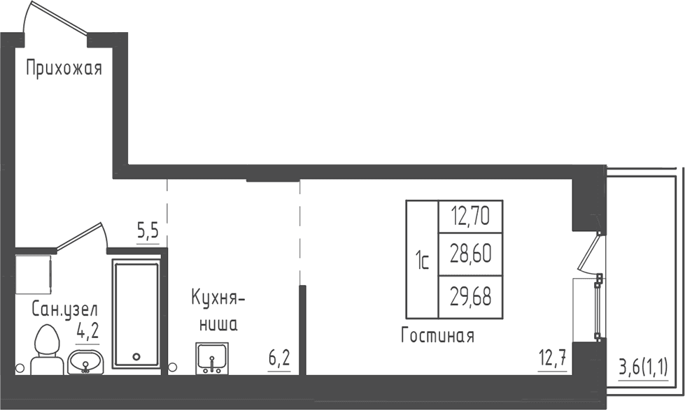 Планировка: Студия 28,6 м² в ЖК «Зеленый город»