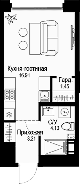 Планировка: Студия 25,7 м² в ЖК «ID Petrogradskaya»