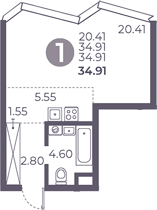 Планировка: Студия 34,9 м² в ЖК «Мневники от Гранель»