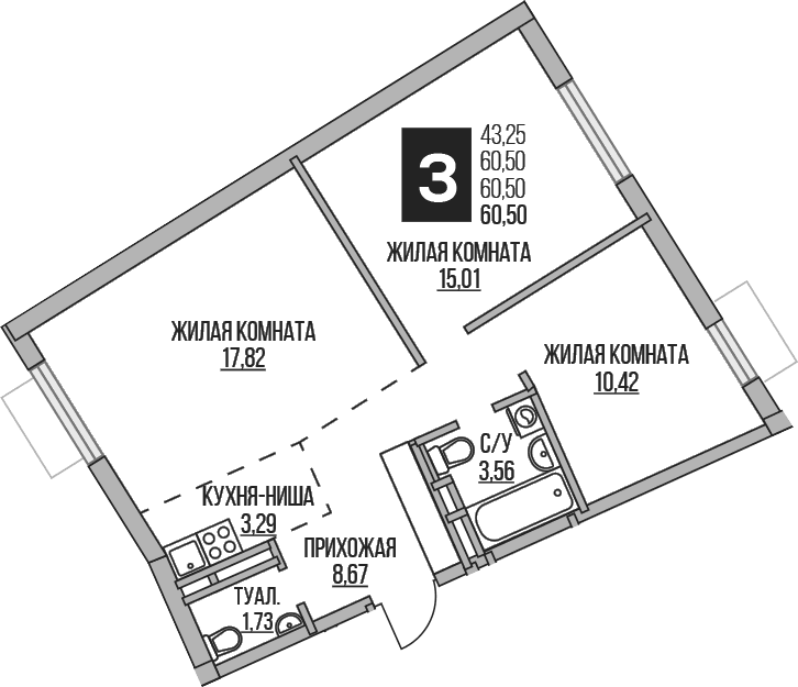 Планировка: Евротрёшка 60,5 м² в ЖК «Гранель Аникеевский»