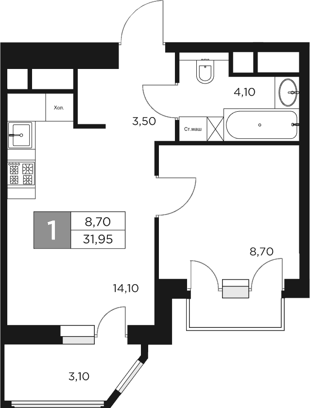 Планировка: 1-комнатная квартира 30,4 м² в ЖК «Восток 2»