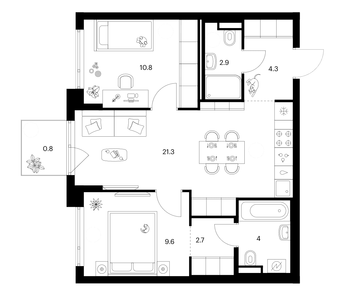 Планировка: 2-комнатная квартира 55,6 м² в ЖК «Зеленый парк»