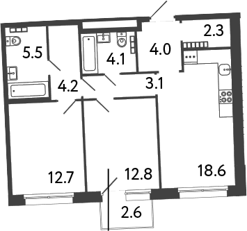 Планировка: Евротрёшка 67,3 м² в ЖК «Цвет Зеленогорска»
