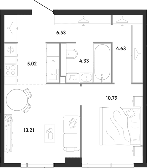 Планировка: 1-комнатная квартира 44,5 м² в ЖК «Ридж»