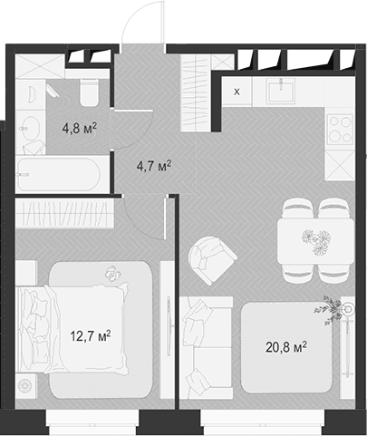 Планировка: Евродвушка 43 м² в ЖК «Гранд Комфорт 3»