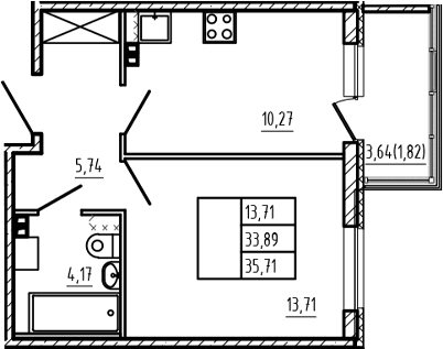 Планировка: 1-комнатная квартира 33,9 м² в ЖК «Новая история»