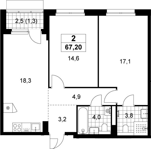 Планировка: Евротрёшка 65,9 м² в ЖК «Деснаречье»