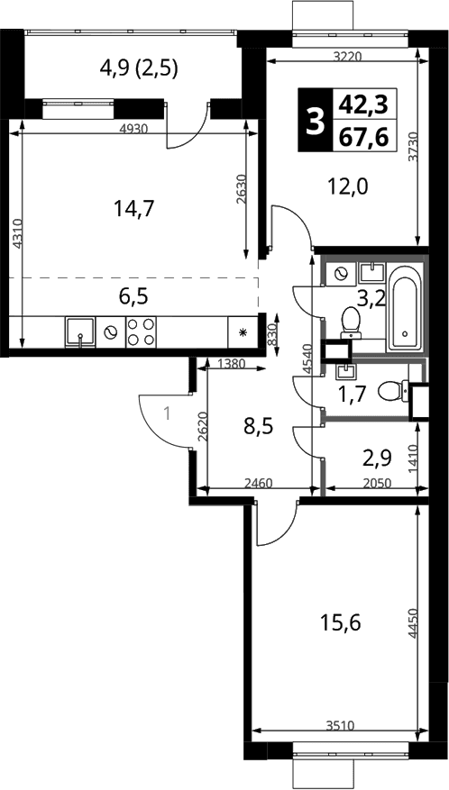 Планировка: Евротрёшка 65,1 м² в ЖК «1-й Химкинский»