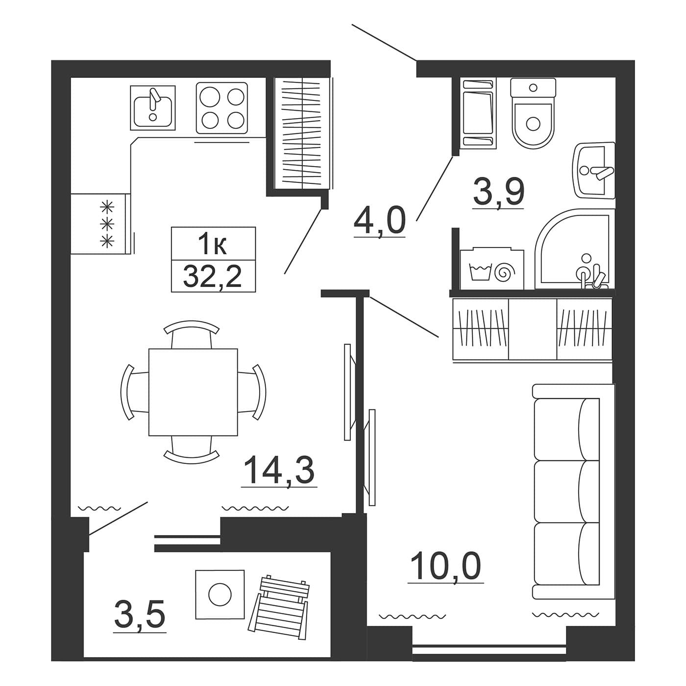 Планировка: 1-комнатная квартира 32,2 м² в ЖК «Рубеж»