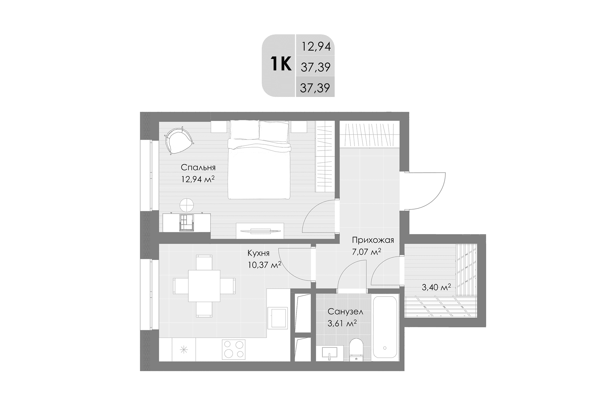 Планировка: 1-комнатная квартира 37,4 м² в ЖК «Дюна»