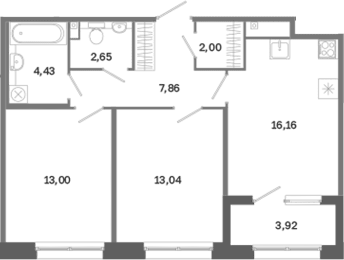 Планировка: 2-комнатная квартира 59,1 м² в ЖК «Дом на Курской»