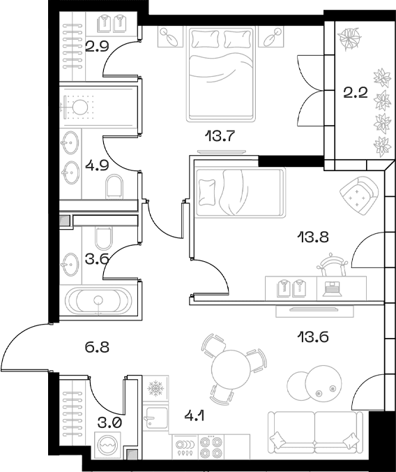 Планировка: Евротрёшка 66,4 м² в ЖК «SHIFT»