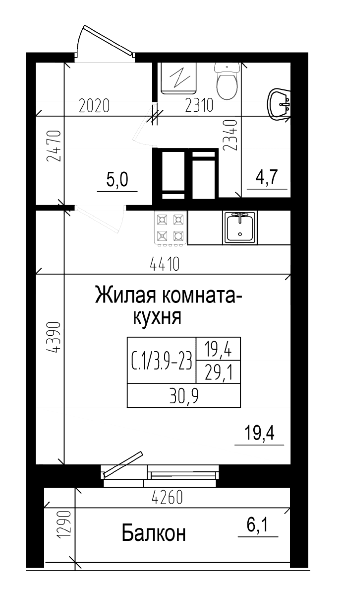 Планировка: Студия 29,1 м² в ЖК «Прагма Сити»