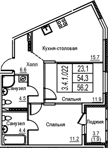 Планировка: Евротрёшка 54,3 м² в ЖК «Экография»