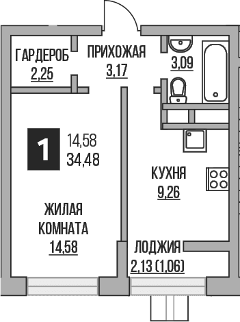 Планировка: 1-комнатная квартира 32,4 м² в ЖК «Гранель Пехра»