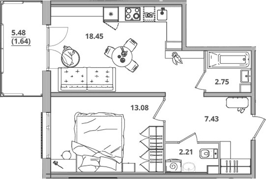 Планировка: Евродвушка 43,9 м² в ЖК «Тишин»