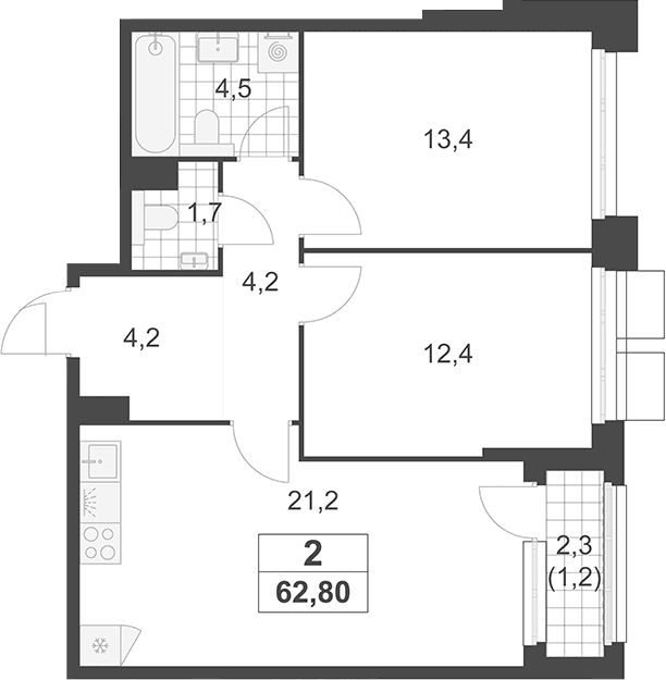Планировка: Евротрёшка 61,6 м² в ЖК «Южные сады»