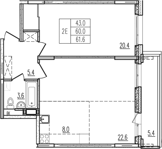 Планировка: Евродвушка 60 м² в ЖК «Пироговская ривьера»