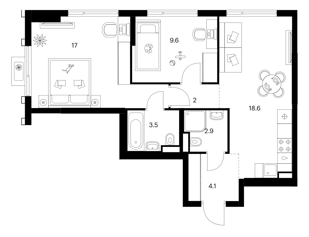 Планировка: 2-комнатная квартира 57,7 м² в ЖК «Белая Дача парк»