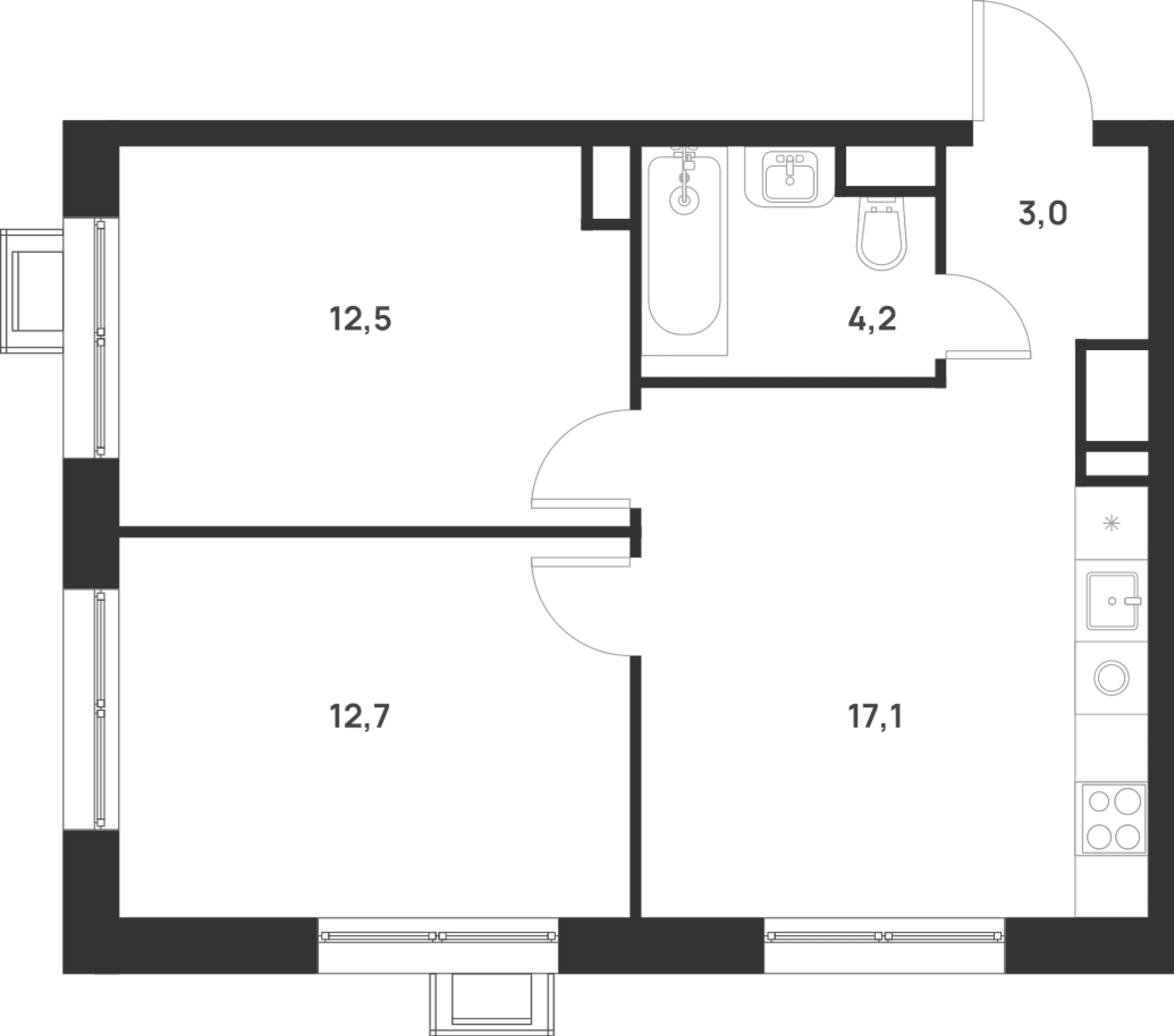 Планировка: 2-комнатная квартира 49,5 м² в ЖК «Форевиль»