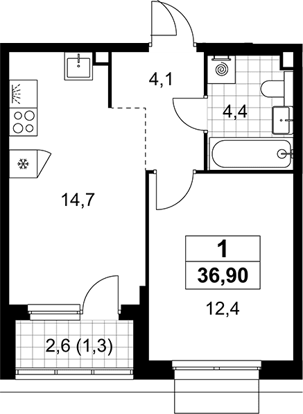 Планировка: 1-комнатная квартира 35,6 м² в ЖК «Деснаречье»