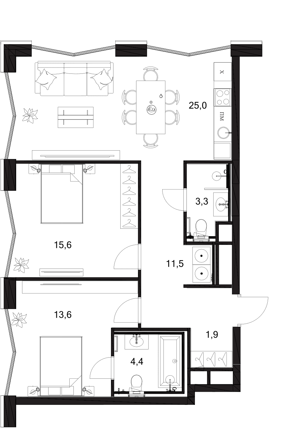 Планировка: Евротрёшка 75,3 м² в ЖК «A. Residence»