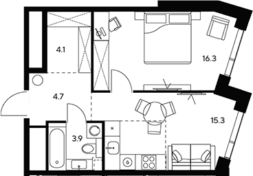 Планировка: 1-комнатная квартира 44,3 м² в ЖК «НЕКСУС от Аквилон»