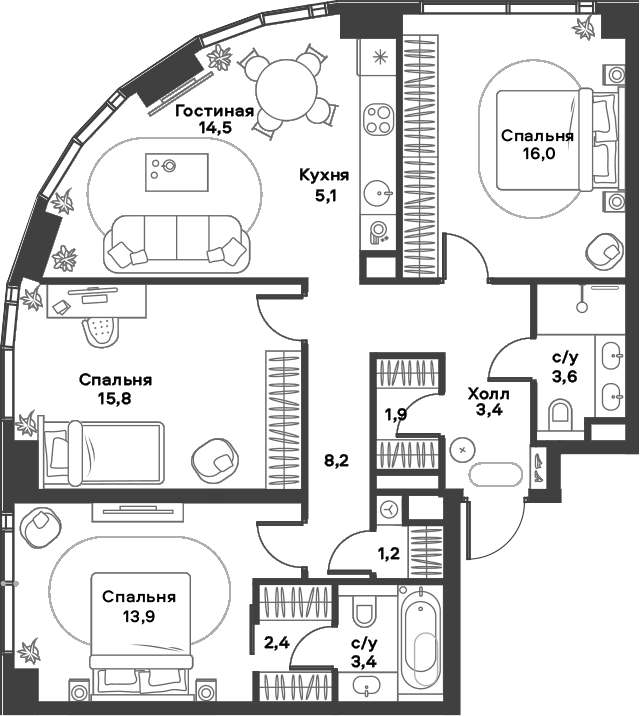 Планировка: Квартира евро-4 89,4 м² в ЖК «АЛИА»