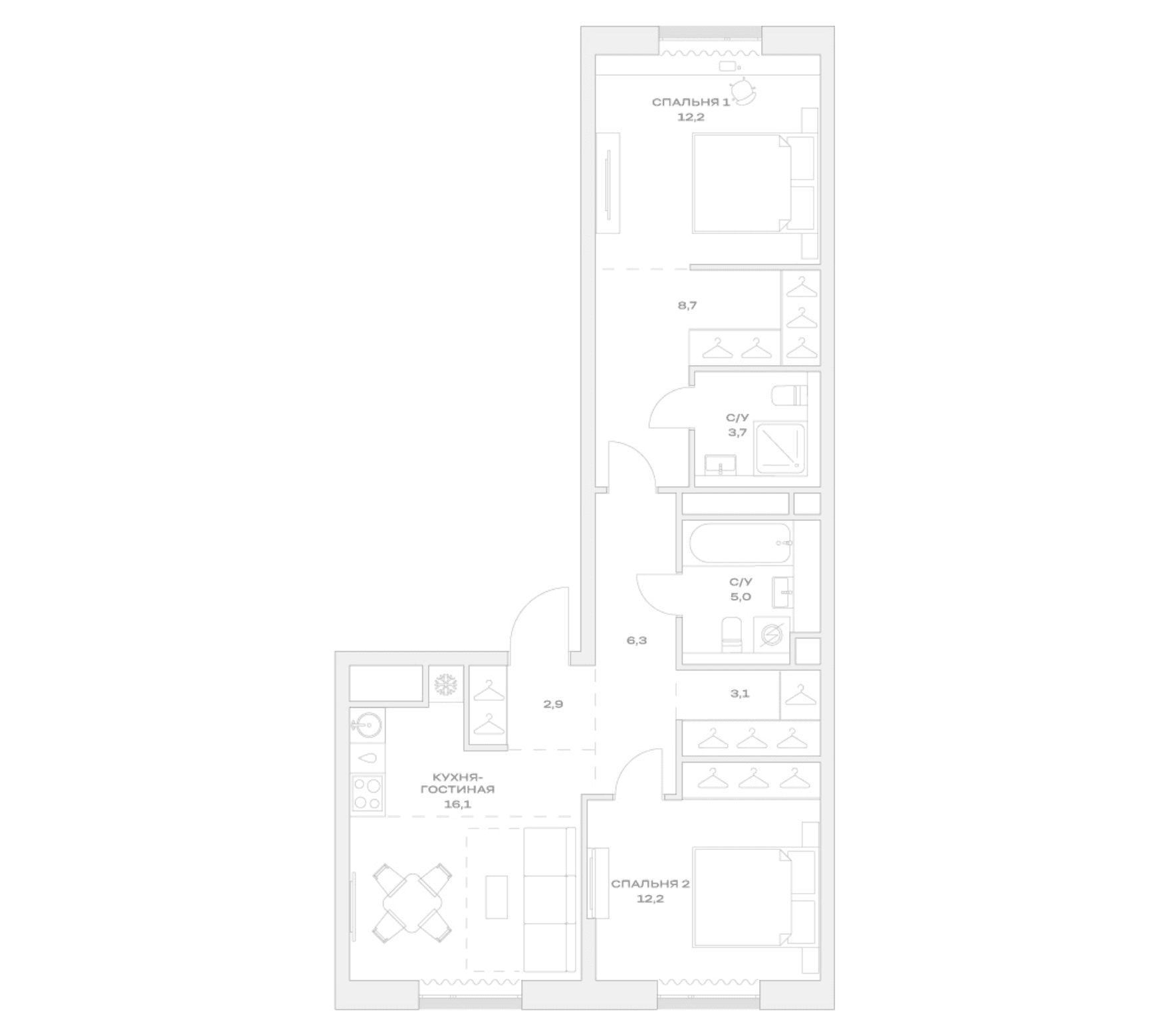 Планировка: Евротрёшка 71,4 м² в ЖК «Детали»