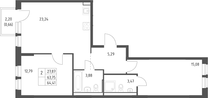 Планировка: Евротрёшка 63,8 м² в ЖК «Квартал Ивакино»