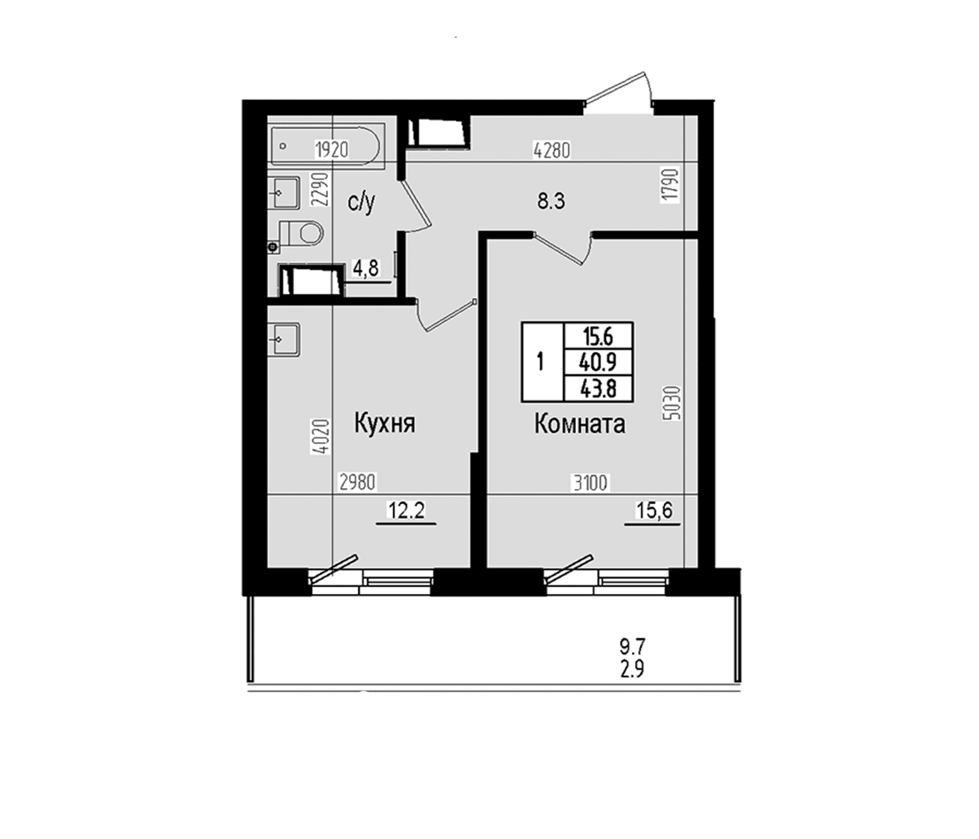 Планировка: 1-комнатная квартира 40,9 м² в ЖК «Прагма Сити»