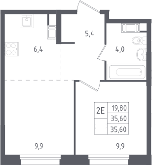 Планировка: Евродвушка 35,6 м² в ЖК «Ольховый квартал»