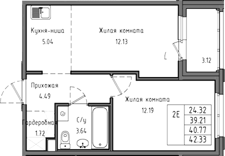 Планировка: Евродвушка 39,2 м² в ЖК «Тишин»