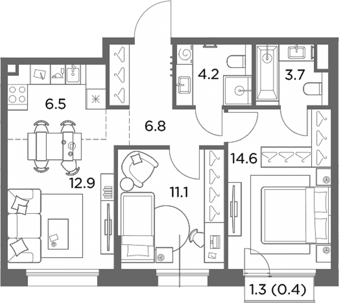 Планировка: Евротрёшка 59,8 м² в ЖК «Станиславский»